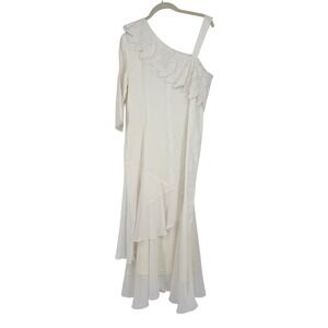 Vintage JSong White 100% Linen One Shoulder Embroidered Leaf Maxi Dress 8‎